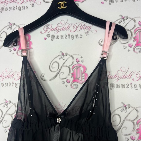 Ann summers babydoll dress nighty open cup bling black pink rhinestone buckle - Picture 2 of 13